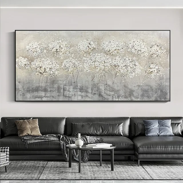 Wall Decor White Colorful Flower Hand-painted Oil Painting Abstract Floral Gray Large Tree Wall Art For Home Bedroom Office Gift