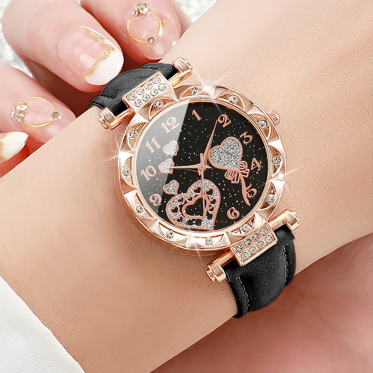 3pcs/set Women Fashion Leather Strap Heart-shaped Dial Quartz Watch for Ladies Black White Pink Set 2