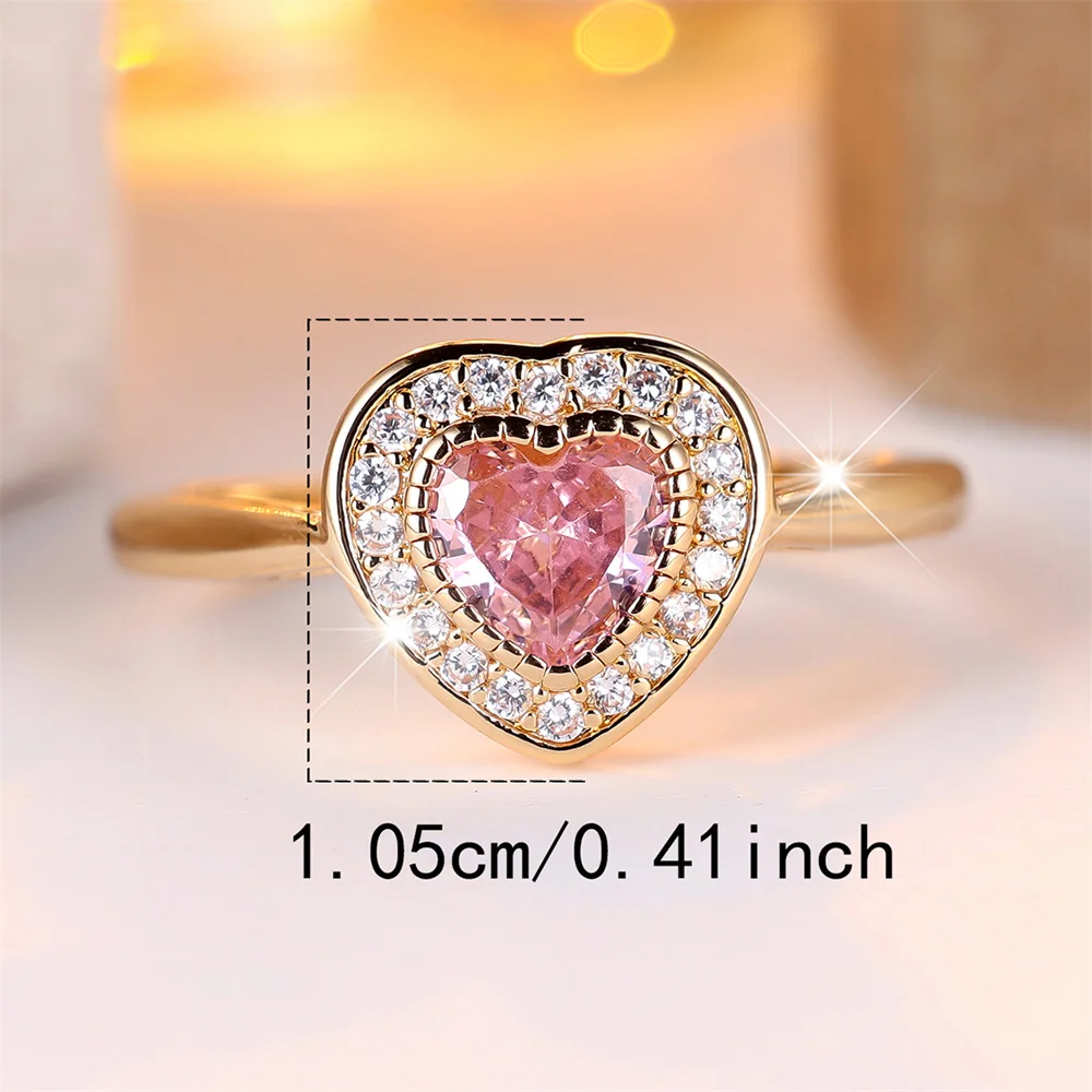 Elegant Pink Crystal Love Heart Zircon Rings For Women Vintage Gold Color Engagement Bands Wedding Jewelry Bridal Birthday Gifts