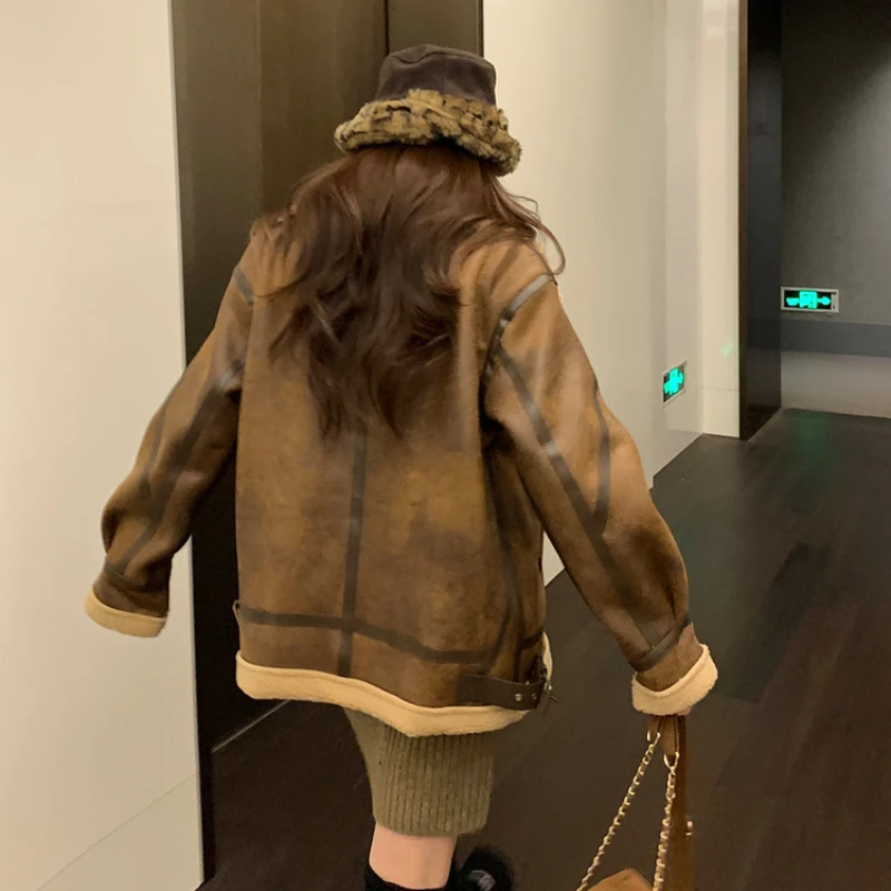 Forst Winter Women Leather Jacket with Shearling Lamb Fur 2023 New Faux Suede Coat Black Brown Thick Warm Motorcycle Top