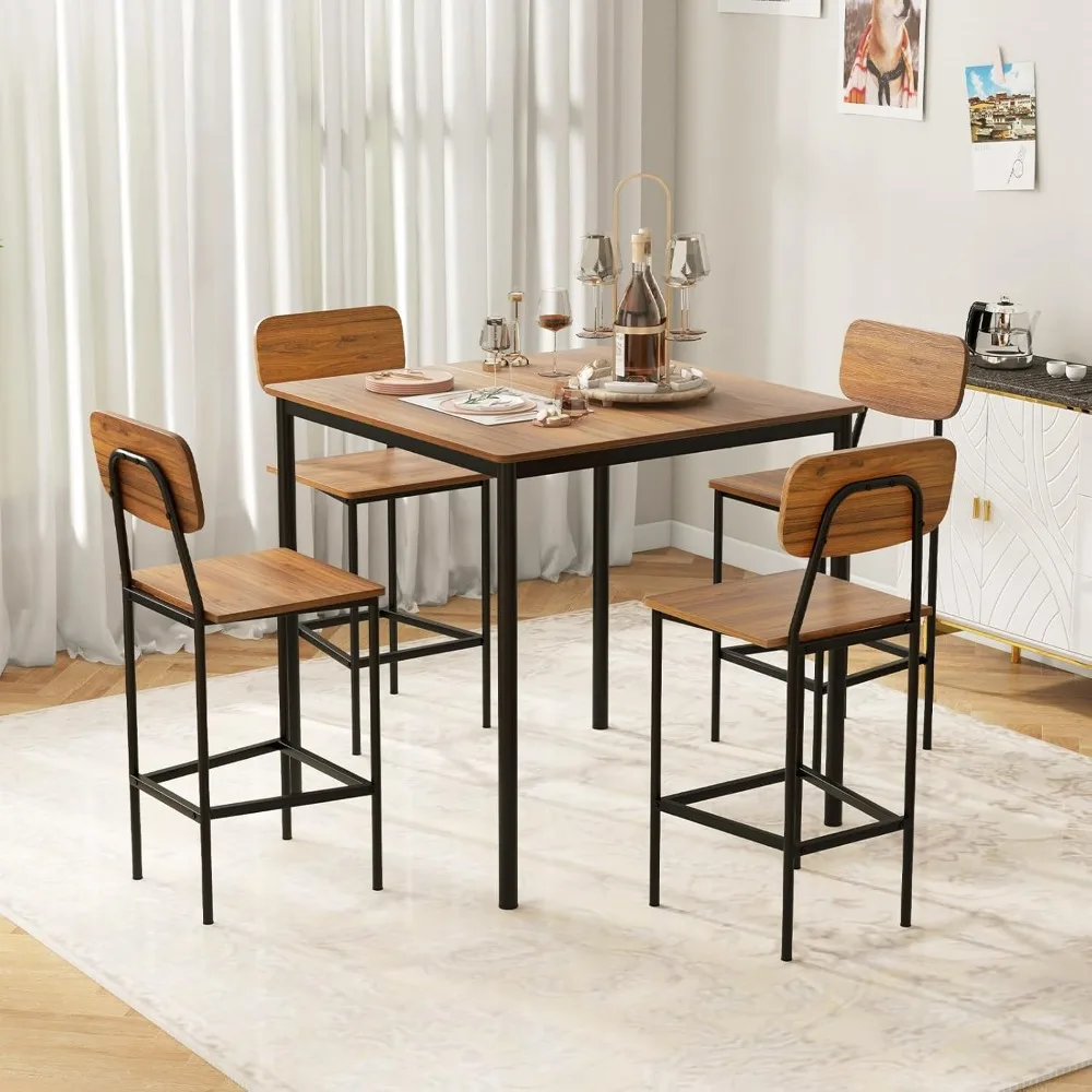 5-Piece Dining Table Set W/Counter Height Table & 4 Bar Stools, Industrial Kitchen Dining Table Set WITH/Footrest and Backrest 2