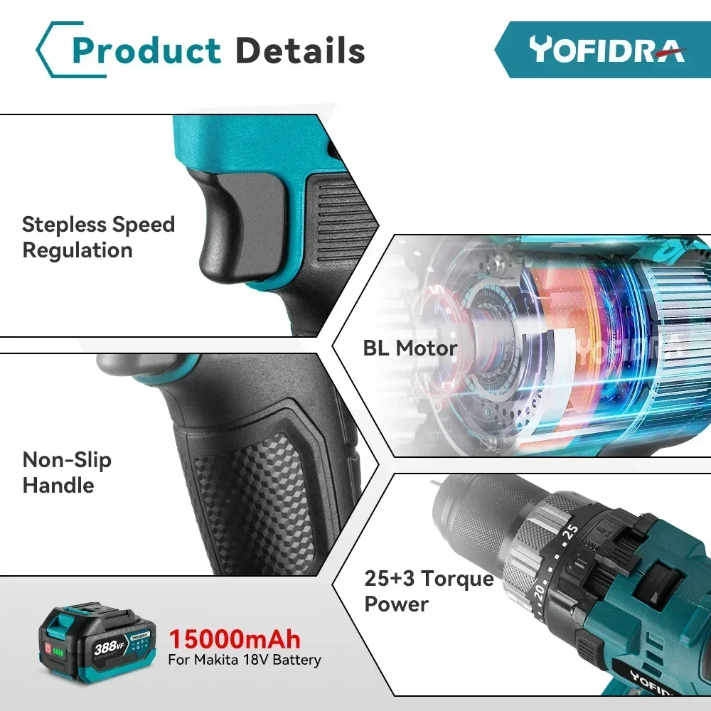 YOFIDRA Electric Drill 650N.m 13mm Brushless 25 plus 3 Torque Multifunction Home DIY Breaking Power Tool Compatible with Makita 18V Battery Pin - Image 4