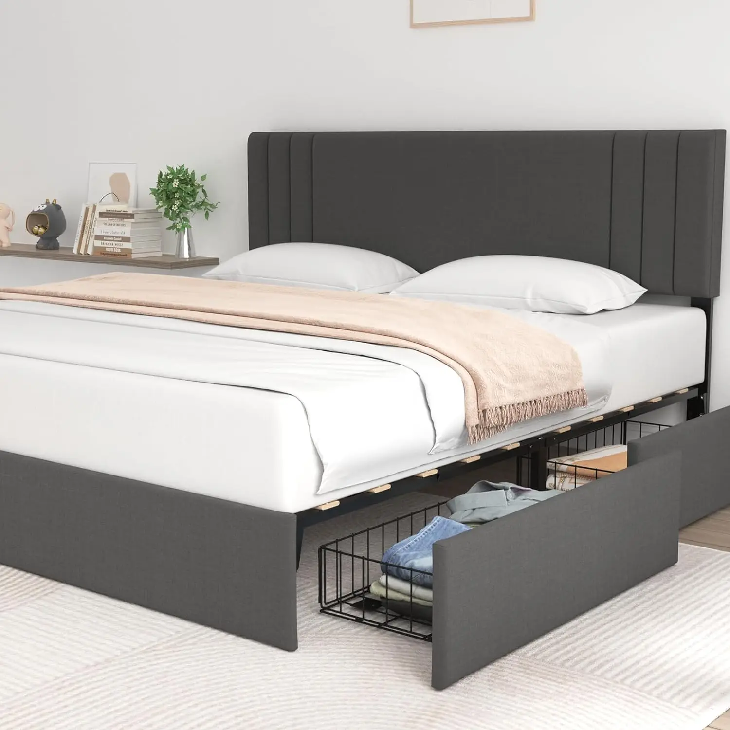 

Upholstered King Bed Frame with 4 Storage Drawers and Adjustable Headboard,, No Box Spring Needed