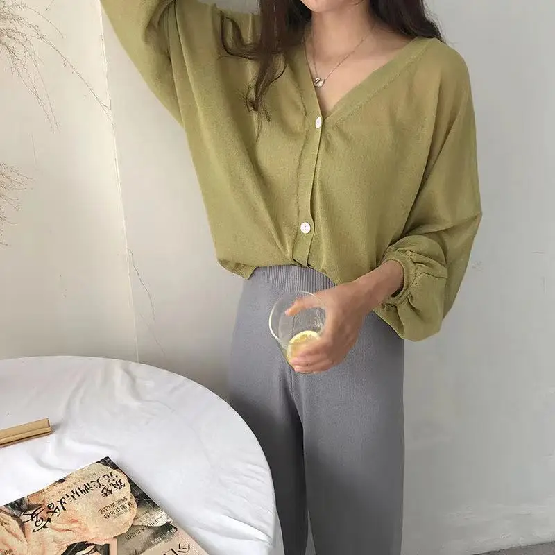 Thin Summer V-neck Bathing Puff Sleeve Cover Up Tops Plus Size Knitted Cardigan Short Coat Casual Loose Summer Women's Clothes