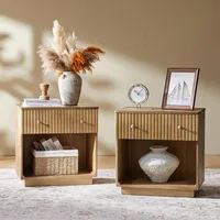 Modern Solid Wood Nightstand Set of 2 with Charging Station and Hidden Drawer, Farmhouse Bedside Table with Vertical Stripes De 1