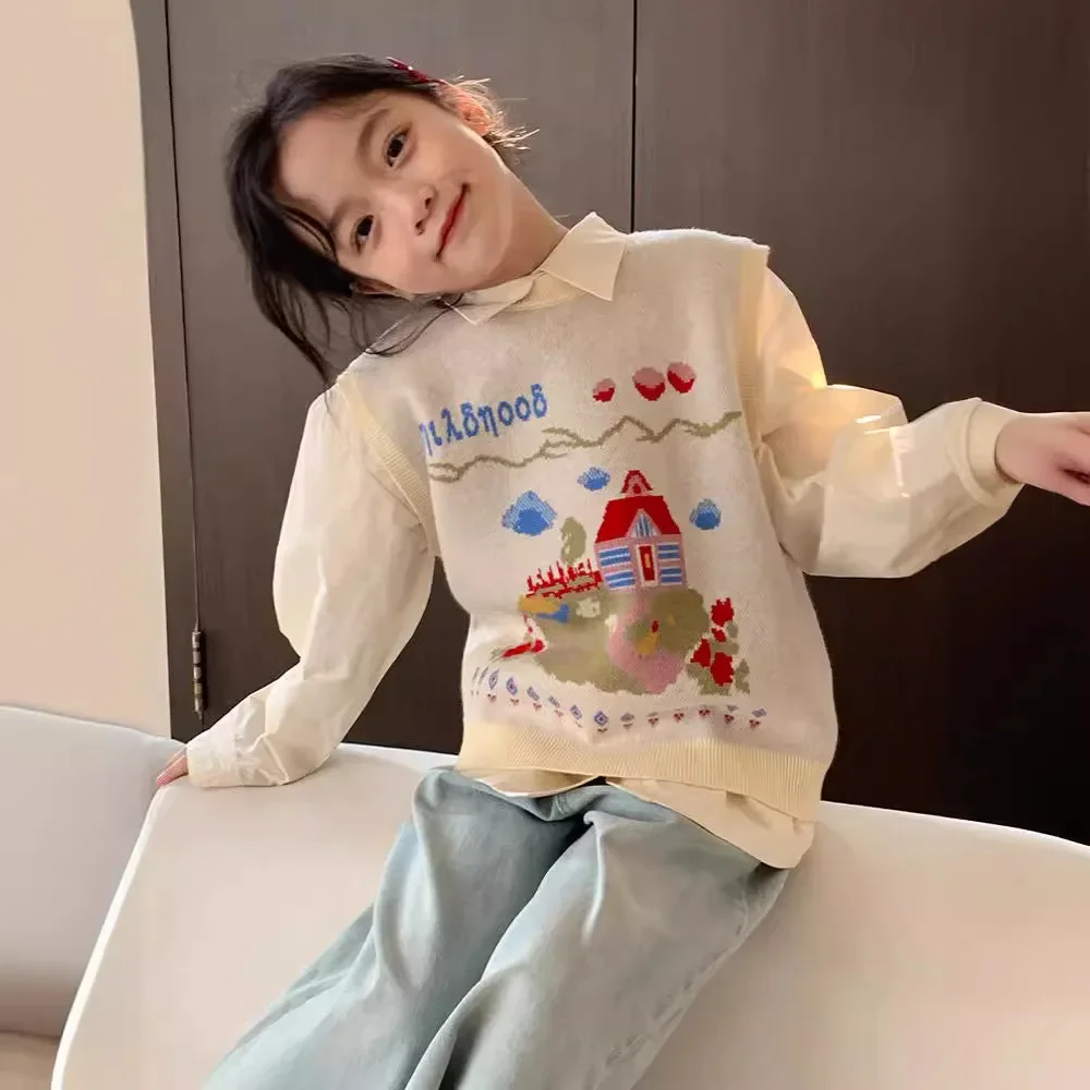 

Girls Knitted Vest 2024 Spring New Children's Cartoon Tank Top Sweater Shirt Versatile Top two piece Set Trendy
