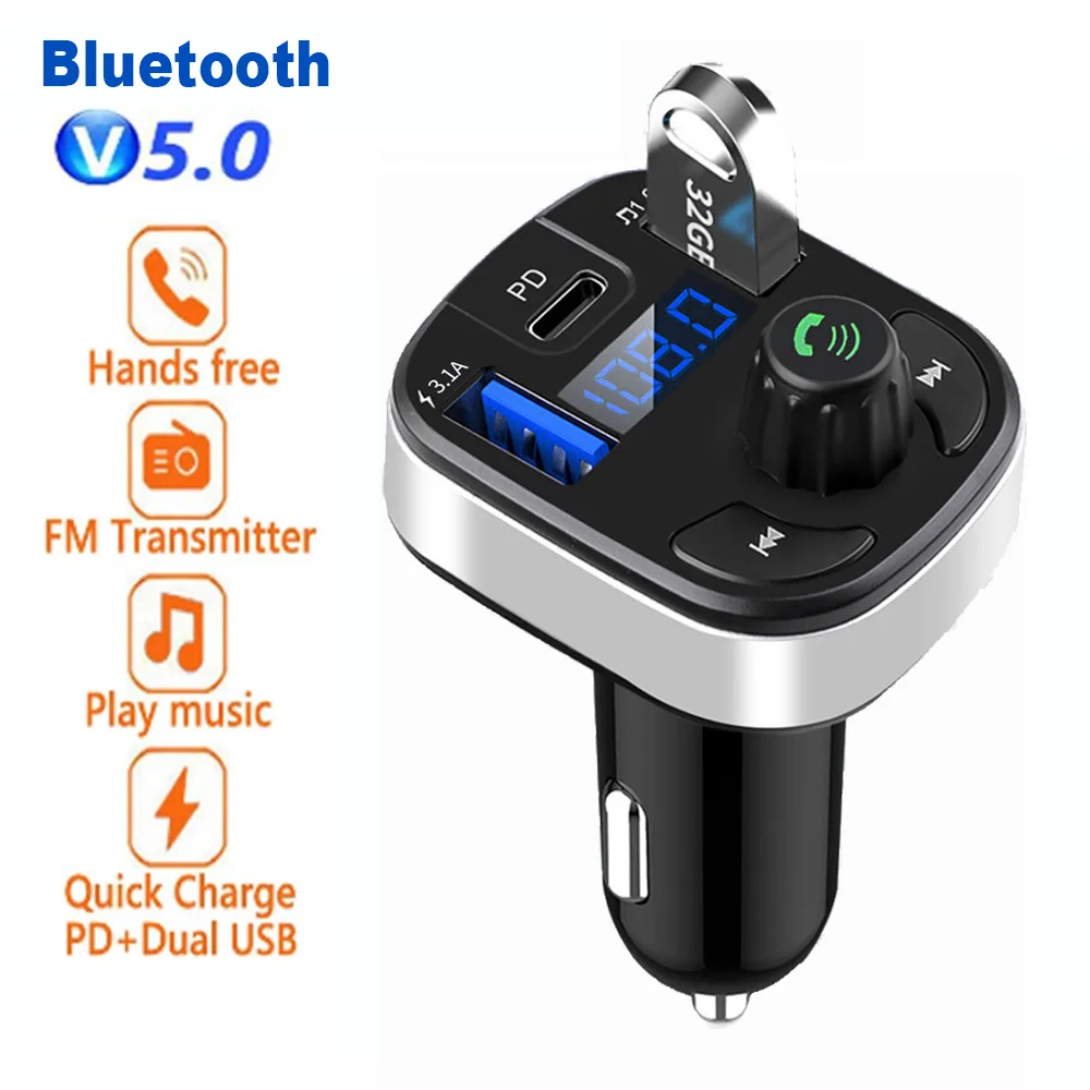 Araba Bluetooth 5.0 FM verici çift USB PD tipi C hızlı şarj araba şarjı