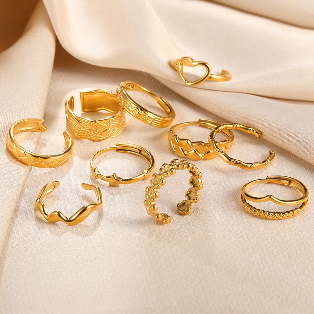 Sa9309467640b43c5b6247c622273fee5c Stainless Steel Rings for Women Men Gold Color Heart Engagement Wedding Wide Ring Trendy Vintage Geometric Punk Jewelry Gift New Mallzona