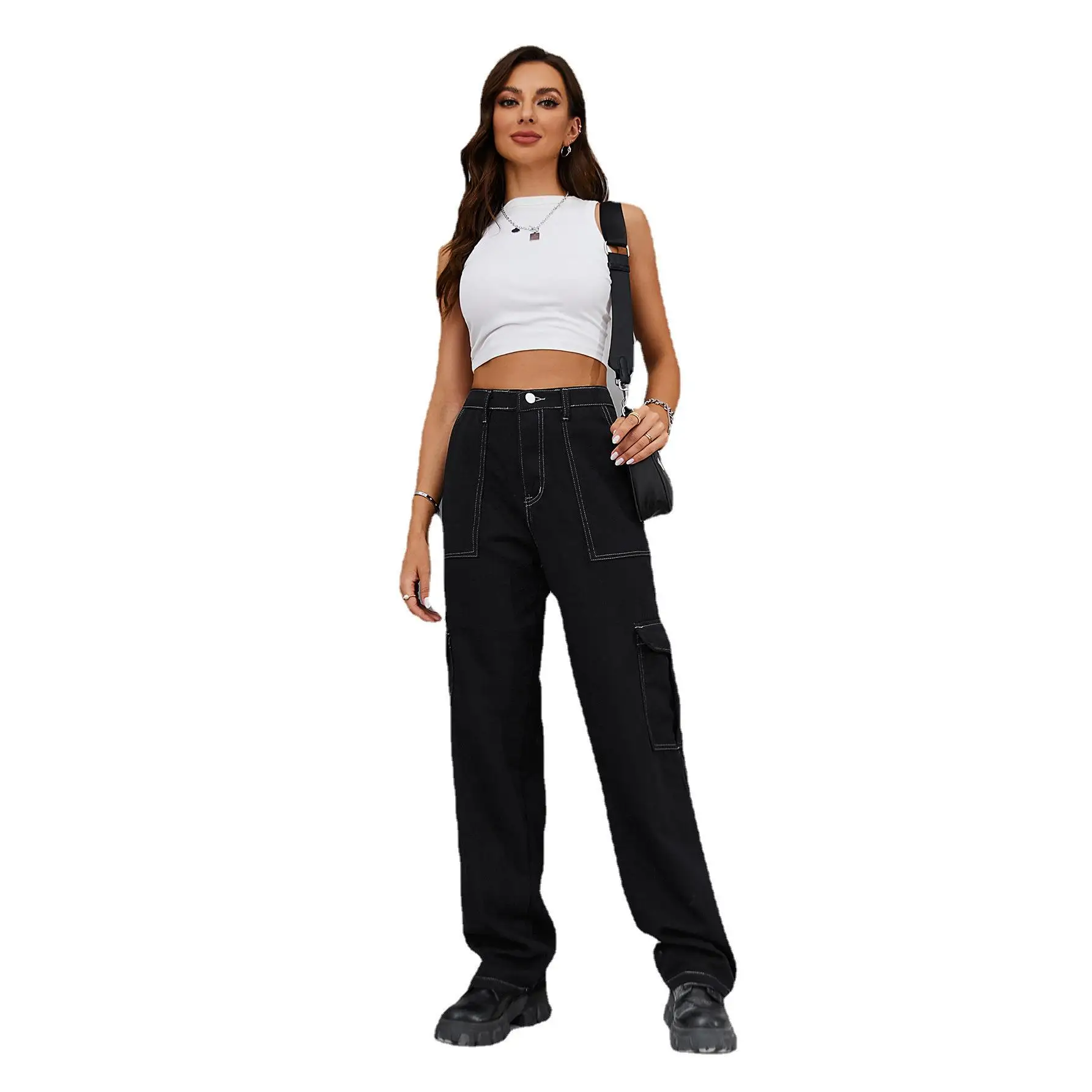 New Retro Elastic Waist Denim Workwear Pants Casual Jeans for Women Y2k High Waisted Jeans Woman  Cargo Pants Women