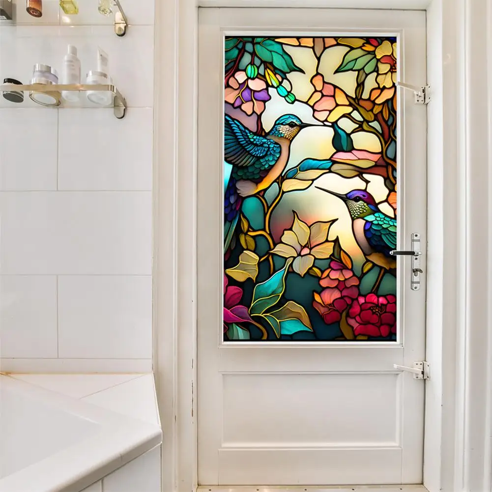 

Retro Colorful Hummingbird Flower Stained Glass Window Film Non-adhesive Privacy Window Film Decorative Static Cling