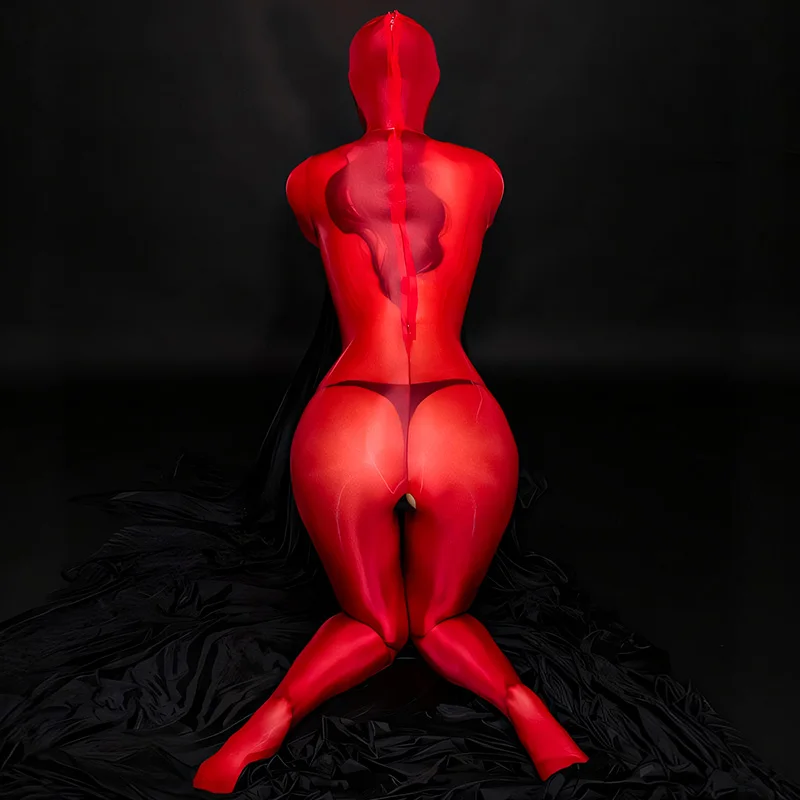 Sexy Oil Shiny Full Body Zentai Bodysuits Women See Through Open Crotch Jumpsuits Erotic Leotard Elastic Tights Catsuits
