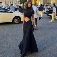New Ruched Irregular Mesh Dress Women Patchwork High Neck Short Sleeve Hollow Out Long Dresses Female Party Maxi Dresses Outfits - Image 5