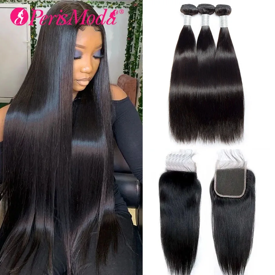 

Straight Bundles With Closure 5x5 Human Hair Bundles Brazilian Weave Virgin Hair Extensions 30 Inch 13x4 HD Frontal With Bundles