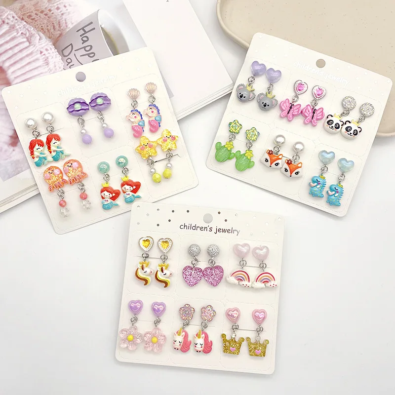 6PRS/SET Unicorn Mermaid Resin Drop Clips on Earrings Girls No Piercing Kids Earring Gift