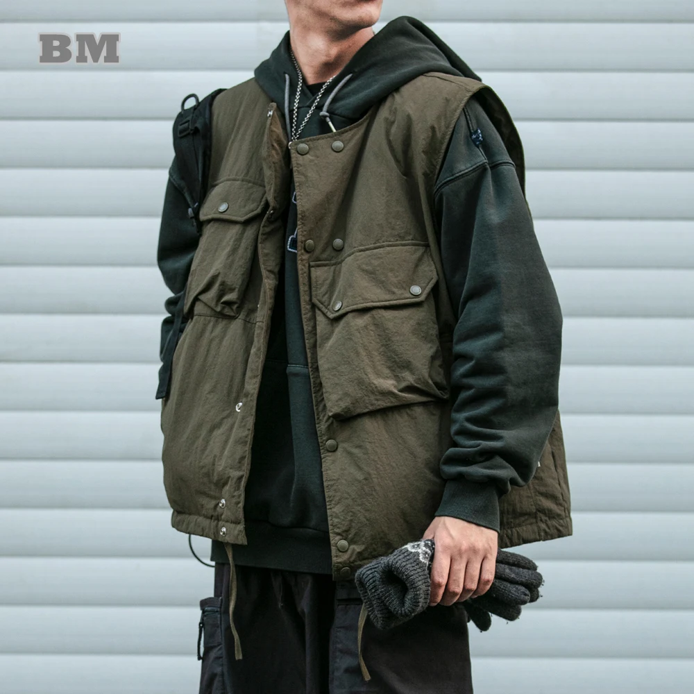 Winter Korean Streetwear High Quality Padded Vest Mountain Outdoor Function Down Vest Harajuku Multi-Pocket Sleeveless Jacket