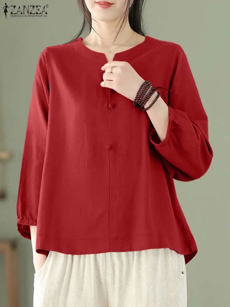 

ZANZEA Vintage Women Blouse Autumn Shirt 2023 Fashion Casual Work Tops Female V Neck 3/4 Sleeve Loose Blusas Tunic Chemise