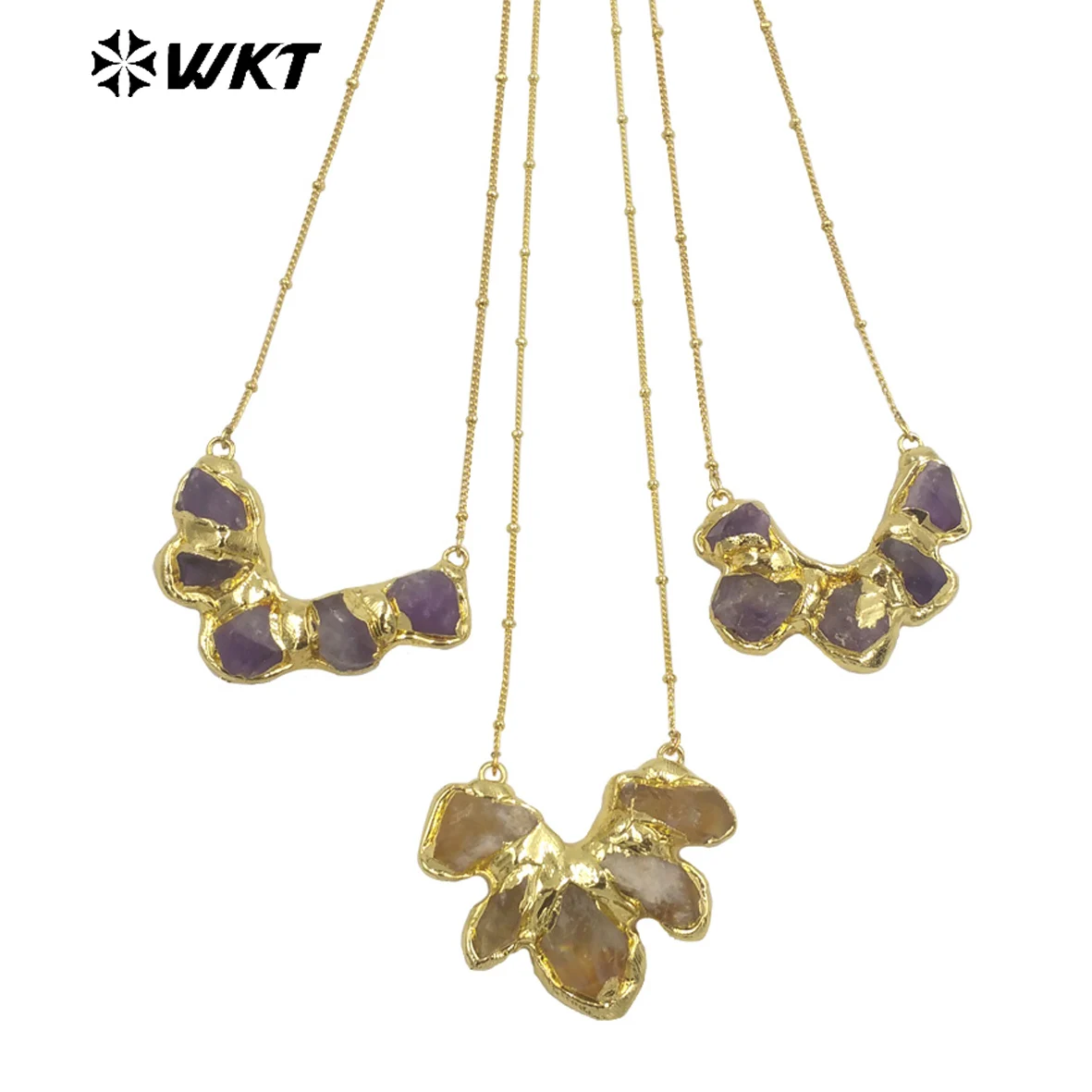 

WT-N1424 WKT Hot sale five stone statement necklace 18k real gold plated Yellow citrine quartz stone necklace Amethyst necklace