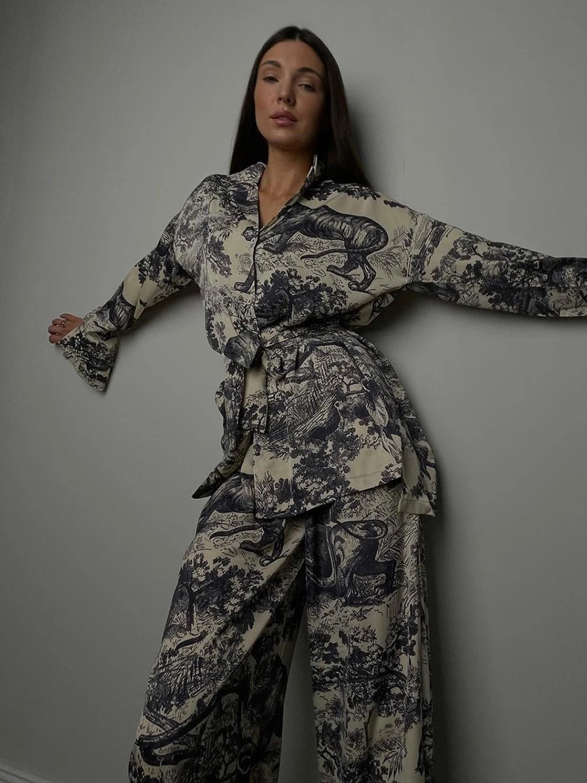 Marthaqiqi Printing Women Pajama Set Turn-Down Collar Nightwear Long Sleeve Nightgowns Pants Casual Female Nightie 2 Piece Suits