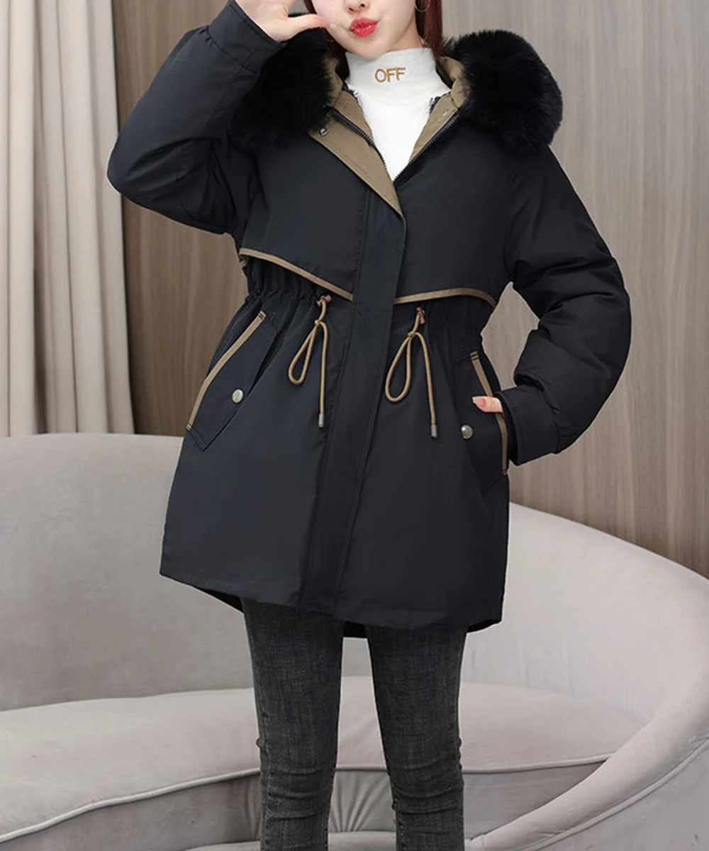 Winter Jacket 2023 New Women Parka Clothes A-line Elegant Black Coat Fur Collar Hooded Jacket Thick Warm Snow Wear Padded Parka xsjpzh oversize big pocket parkas korean women overcoat hooded winter fur collar cotton padded jacket warm snow wear loose