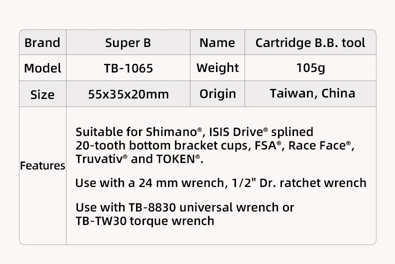 Description Picture 5 of itemSUPER B TB-1065 Bicycle Bottom Bracket Tool MTB Road Bike Cartridge B.B. Tool Use With 24 mm Wrench 1/2" Dr. Ratchet Wrench