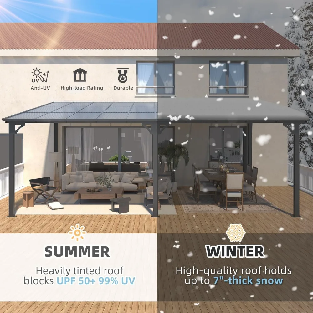 24 'x 10' terrace pavilion, large wall mounted hardtop sloping pavilion, deck heavy-duty terrace sunshade, backyard 6
