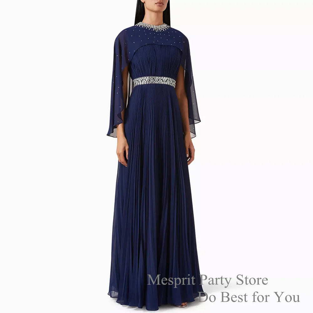 

Navy Blue Chiffon Prom Dress Fashion Round Neck Beading Crystals A Line Pleat Formal Party Gown Saudi Evening Dresses 2024