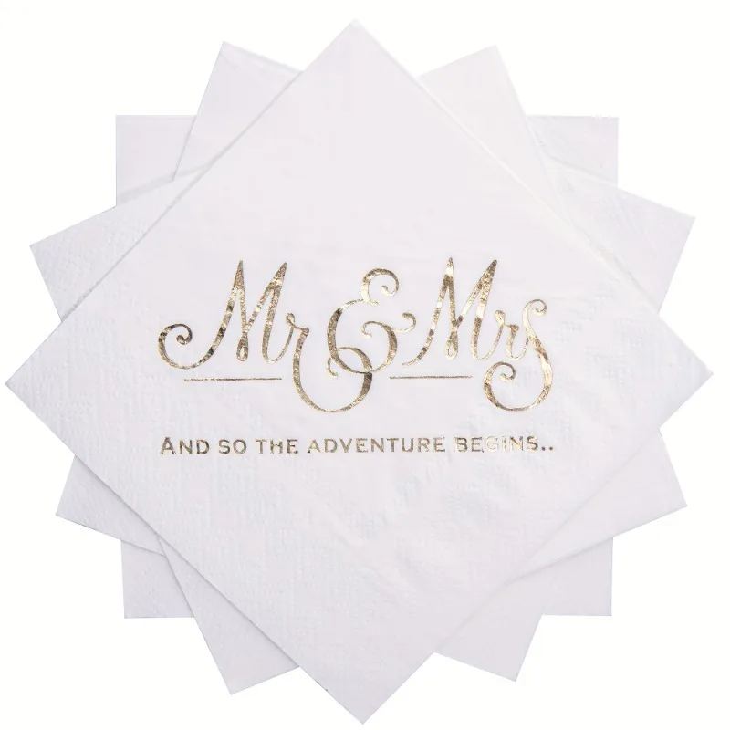 100PCS Disposable Wedding Napkins, Gold Foil Paper Cocktail Napkins Mr. and Mrs., Suitable Use At Wedding Banquets and Parties