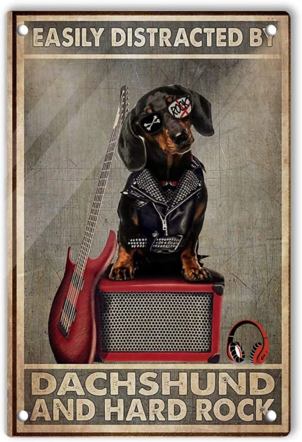 Fashion Rock Dog Tin Sign Wall Decor, Facilmente Distressed Da Bassotto E Hard Rock Tin Sign 11.8X7.9 Pollici Funny Animal Sign
