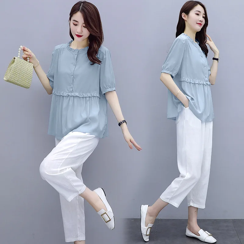 Cotton Linen Suit Women Pantsuits For Summer 2024 New Solid O-Neck Fungus Tops & Pants 2 Pieces Outfits Costume High Quality
