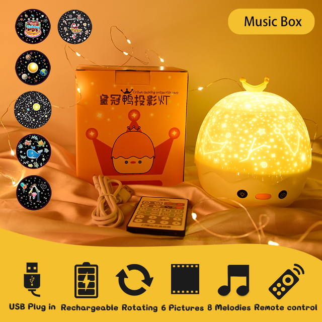 Duck Rotating Starry Sky Projector Lamp Children Night Light Baby Gift Rechargeable Music Bluetooth Speaker Bedroom Decor