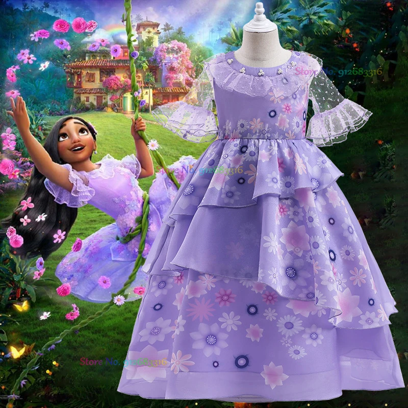 Kids Girls Encanto Isabel Floral Mesh Dress Toddler Mirabel Costume Birthday Purple Flower Ruffles Princess Dresses |