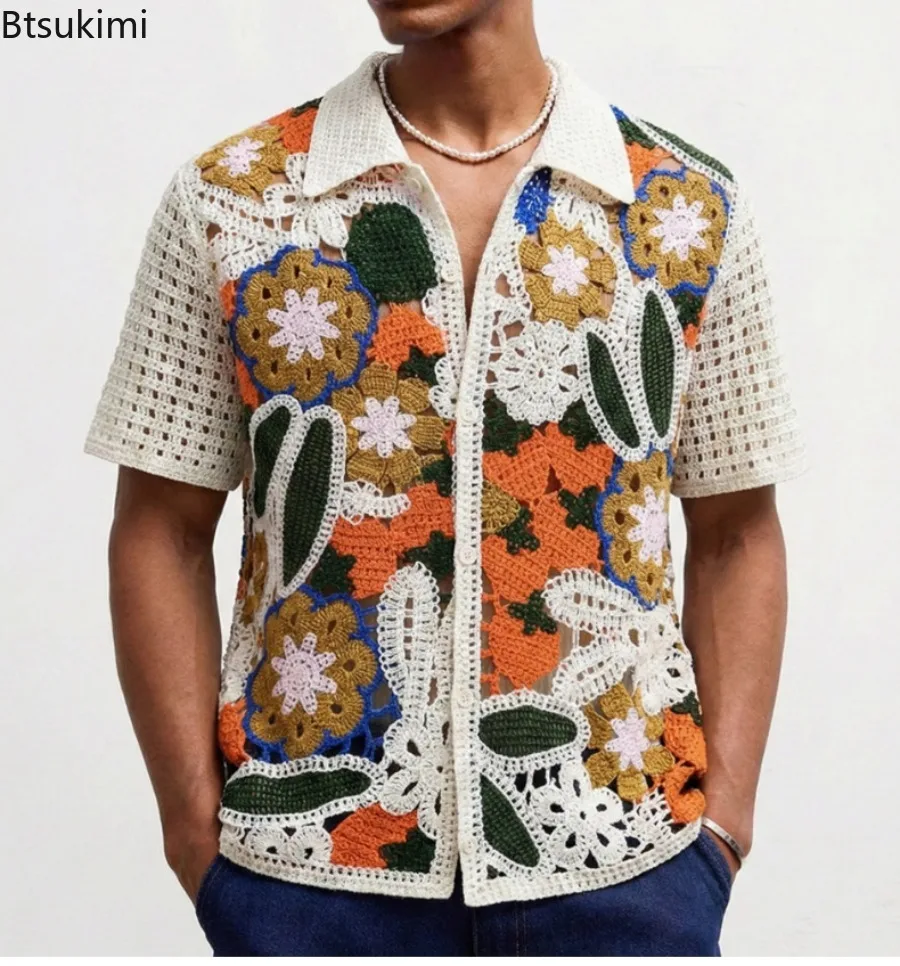 Nuove Polo da Uomo 2026 in Maglia Colorata a Quadri Stile Etnico, Cardigan Estivi Casual a Maniche Corte, Top Lavorati a Maglia da Uomo - immagine 2