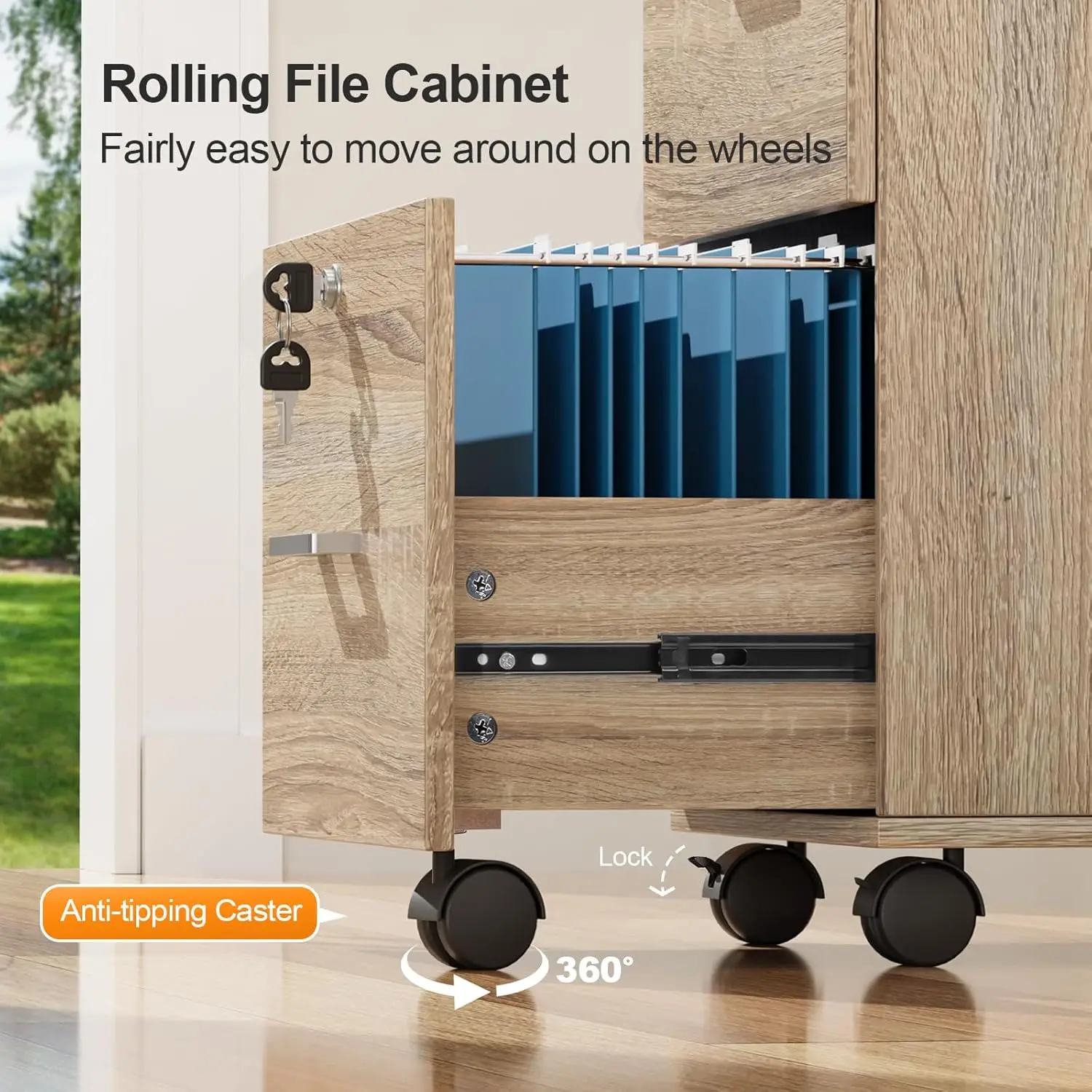 3-Drawer File Cabinet with Lock, Wood Rolling Filing Cabinets for Home Office, Mobile Printer Stand, Under Desk File Organizer