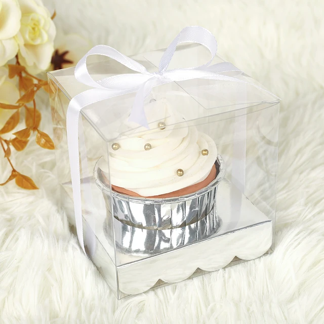 12 Square 3.5 Cupcake Boxes Favor Holders with Ribbons - Gold Clear