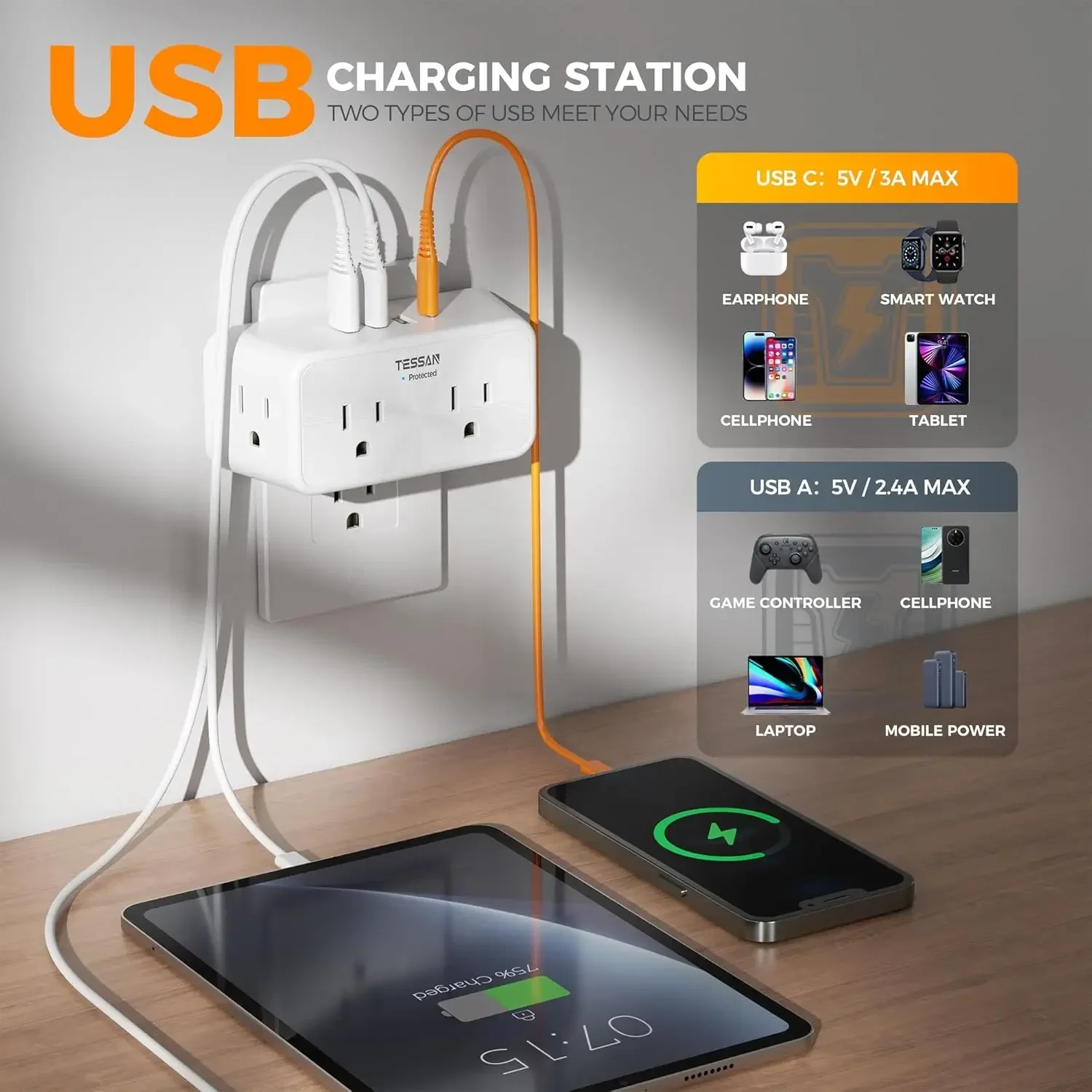 Multi Plug Outlet Splitter TESSAN Surge Protector 4 Electrical Outlet Extender with 4 USB Blocks(1 Type C)M Plug Wall Expander power strip,electrical socket,wall socket extender