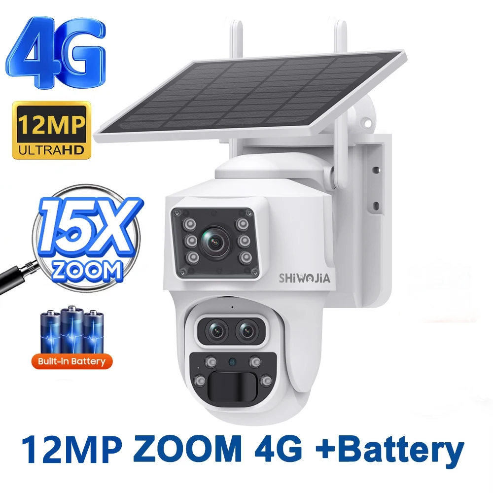 SHIWOJIA كاميرا بالطاقة الشمسية 4G 12MP 6K 15X Zoo...
