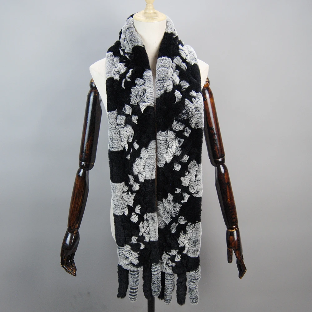 Long Style Women Winter Real Rex Rabbit Fur Scarf Natural Rex Rabbit Fur Scarves Lady Knitted Ring Scarves