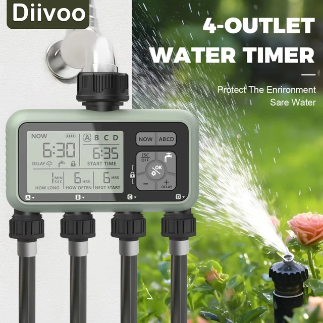 Diivoo مؤقت مياه 4 منطقة حديقة مؤقت الري التلقائي القابل للبرمجة مع دليل تأخير المطر/وضع تلقائي سقي لساحة الحديقة