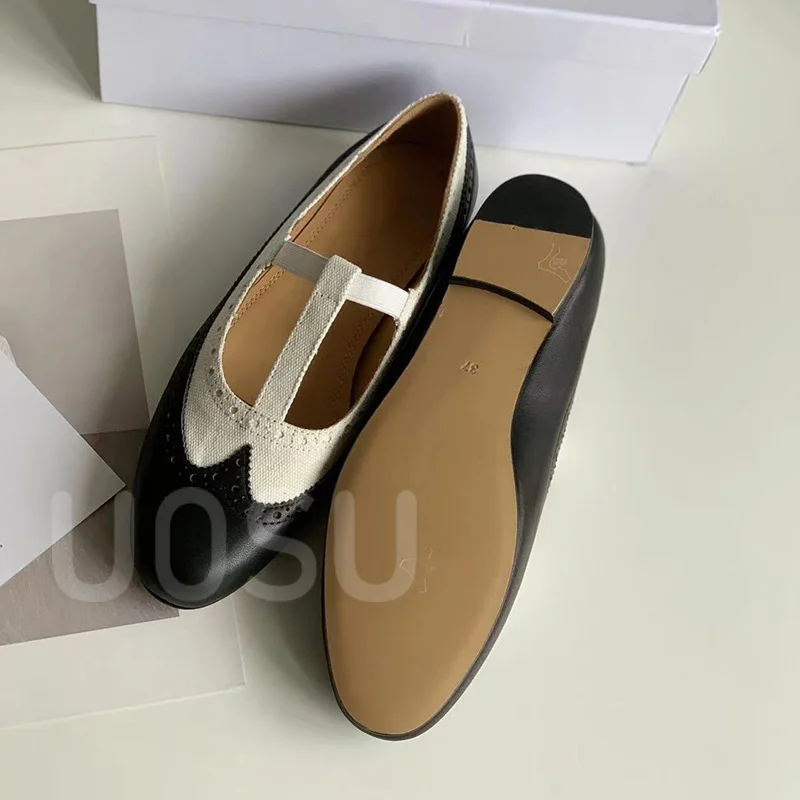 Luxury Women's Flats Designer Mary Jane Ladies Shoes Calfskin Colorblocking Round Toe Commuter Shoes Corporate White Collar
