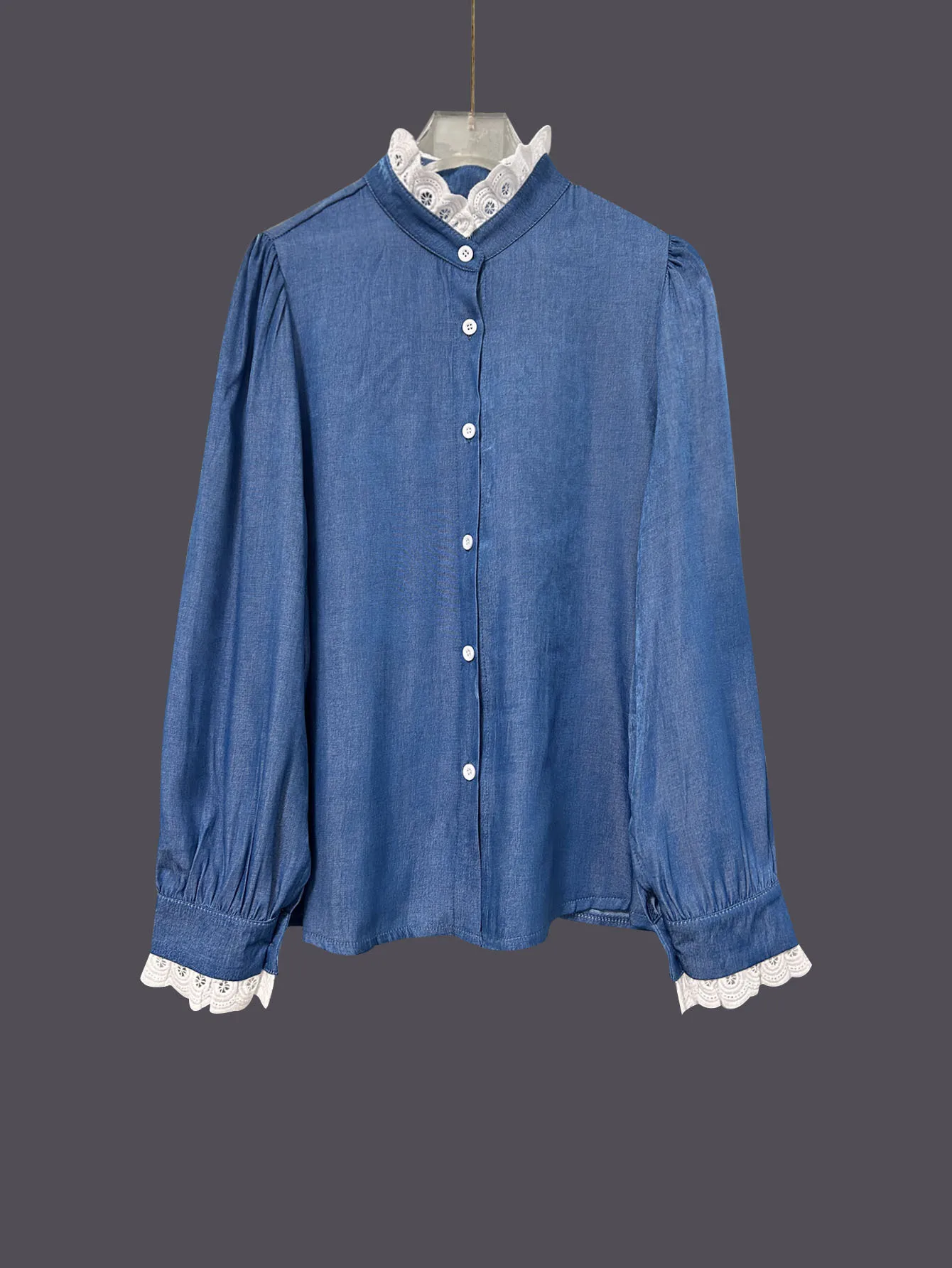 Fashion French Style Lace Splicing Cardigan Single-breasted Shirt Long-sleeved 2025 Autumn and Winter New Casual Blue Shirt Top