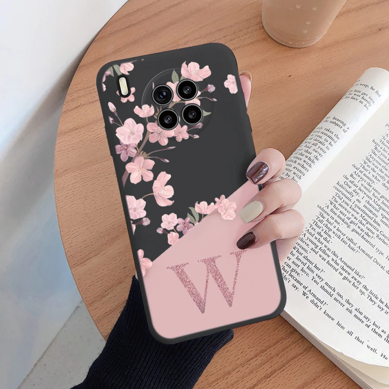 Elegant Retro Pink Flower Silicone Case - Soft TPU Back Cover with Initial Letter Design for Huawei Nova 8i / Honor 50 Lite