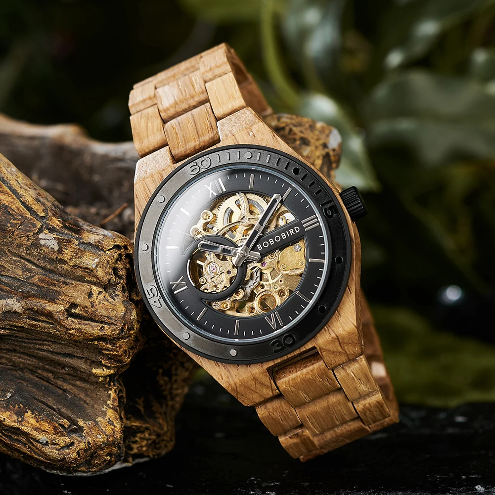 BOBO BIRD-Montre-bracelet en bois pour homme, montre mécanique automatique évidée, cadeau parfait pour la fête des pères, boîte en bois, nouvelle mode, 2023