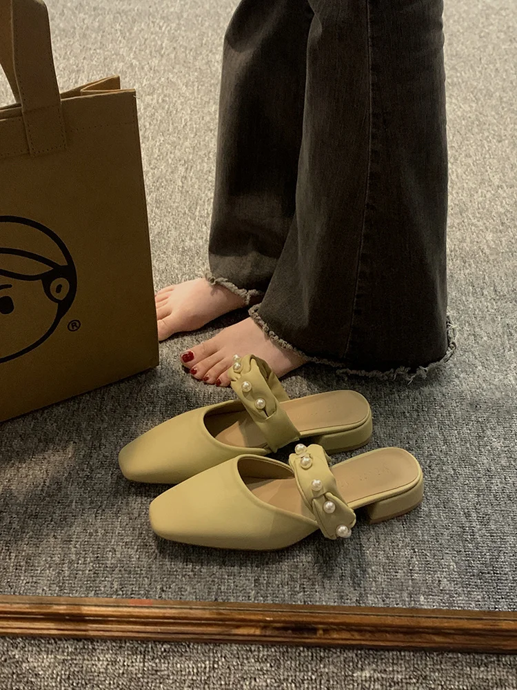 

Women's Slippers Outdoor Spring and Autumn 2023 New Fashion Retro Pearl Thick Heel Anti-slip Muller Shoes