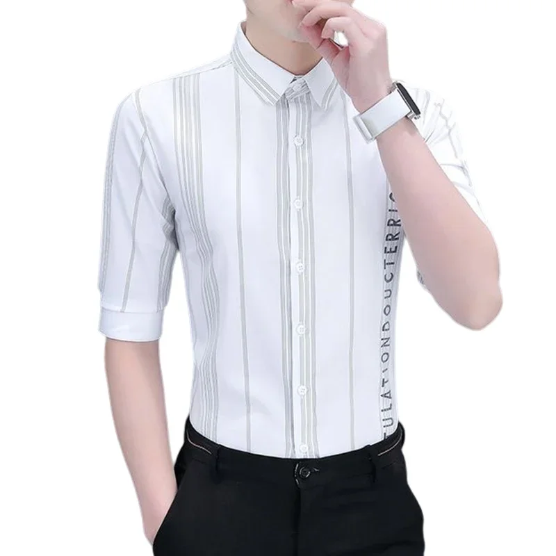 

Summer Men's New Casual Slim Fit Stitching Print Letters Five Points Sleeve Lapel Thin Shirts 8 Optional Daily Tops for Men