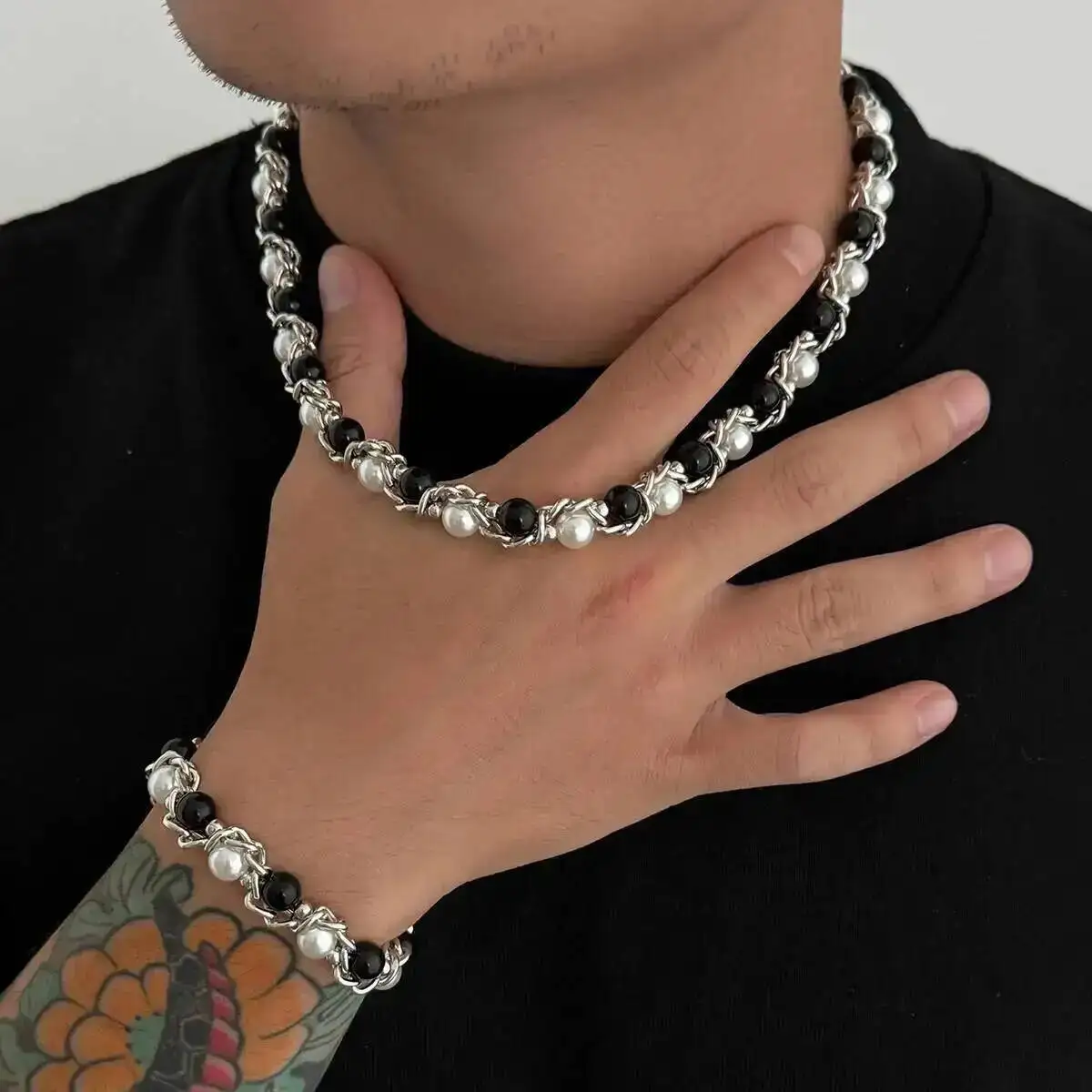 Lacteo 2025 Trendy Creative Imitation Pearl Beaded Chain Necklace Bracelet for Men Vintage Clavicle Chain Charm Jewelry Gift Set