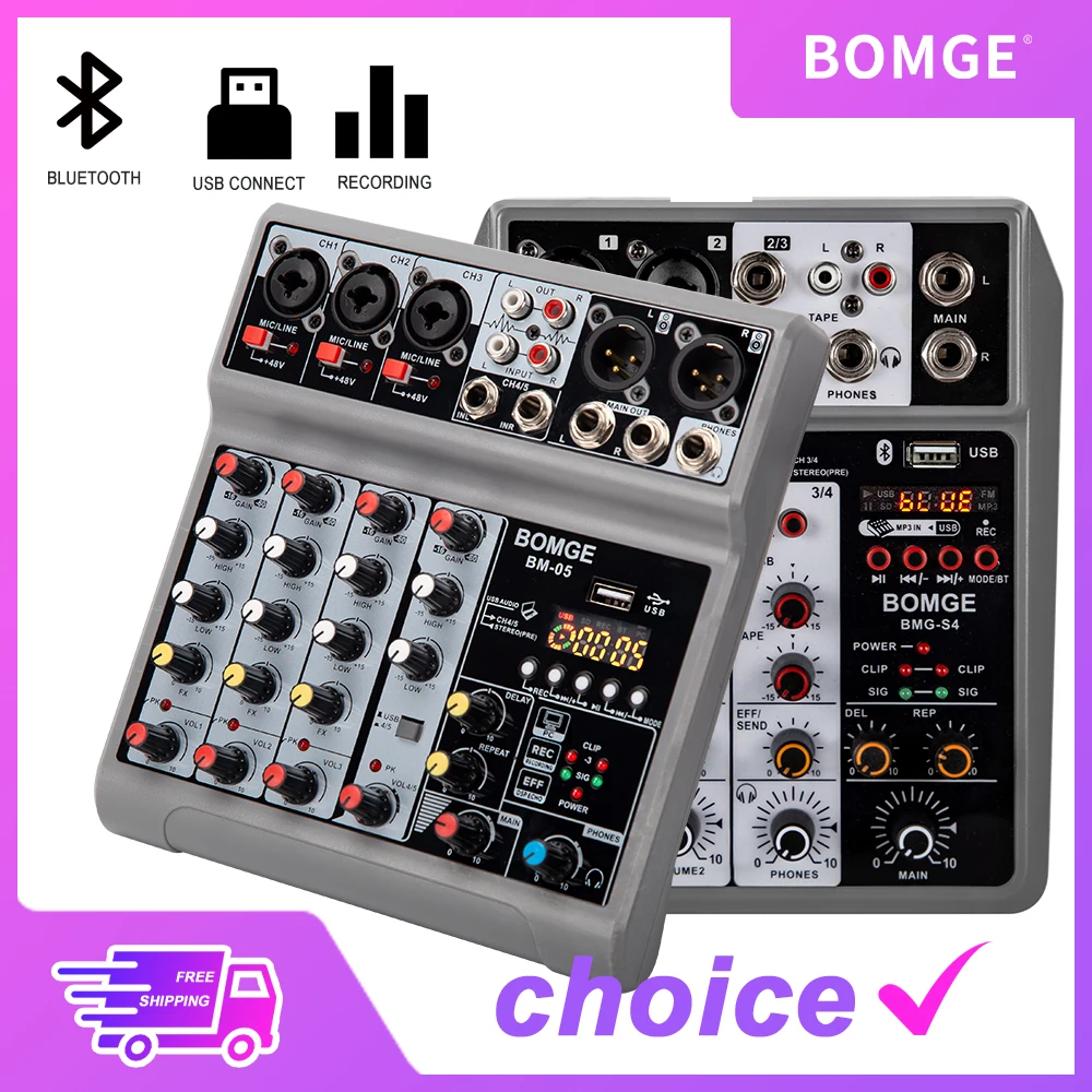 Professional 4 5 channels Audio mixer portableDJ karaoke Mixing Console With USB Interface Sound Card BT 48V PC MP3 DJ Recording audio mixer
