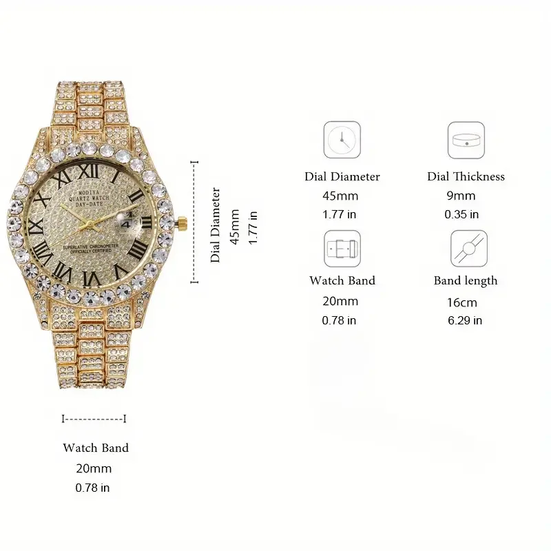 3pcs Necklace + Bracelet + Watch Cuban Chain Watch for Men Hip Hop Miami Curb Iced Out Paved Rhinestone