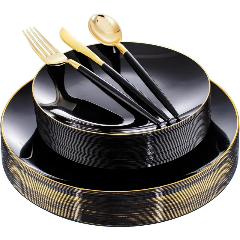 150PCS Black Plastic Plates-Black and Gold Disposable Plates-Premium Heavyweight Gold Plastic Dinnerware