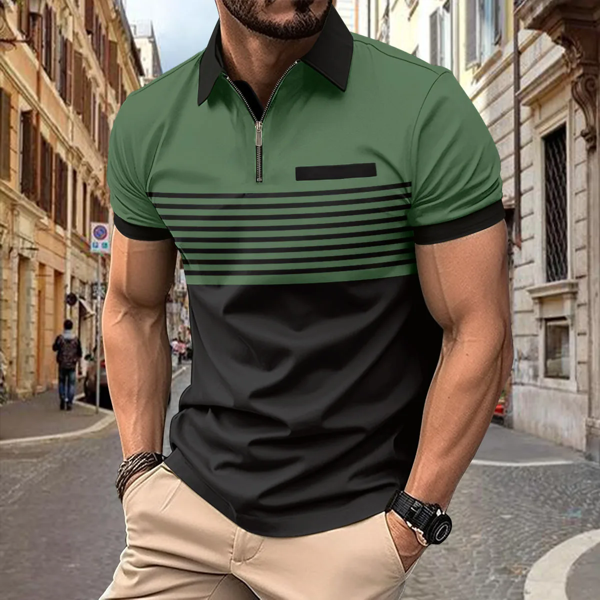 Fashionable mens summer striped T-shirt color blocked 3D digital printing zipper polo shirt business casuallapelshortsleevedpolo 11 Sa9337b13ba2944c6b18ee04ef288bc70b