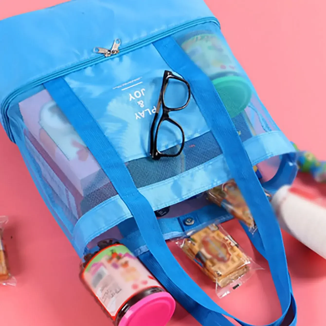 1pc-Outdoor Picnic Beach Bag Large Capacity Transparent Mesh Bag Double-layer Insulated Tote Bag Office Lunch Snacks Picnic Bag